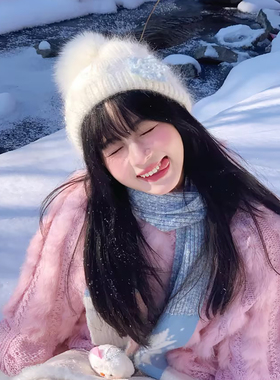 纯羊毛狐狸毛球白色雪花毛线帽子女秋冬季大头围显脸小针织帽冷帽