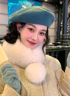 澳洲羊毛蓝色贝雷帽女秋冬季日系纯色百搭八角帽显脸小画家帽子
