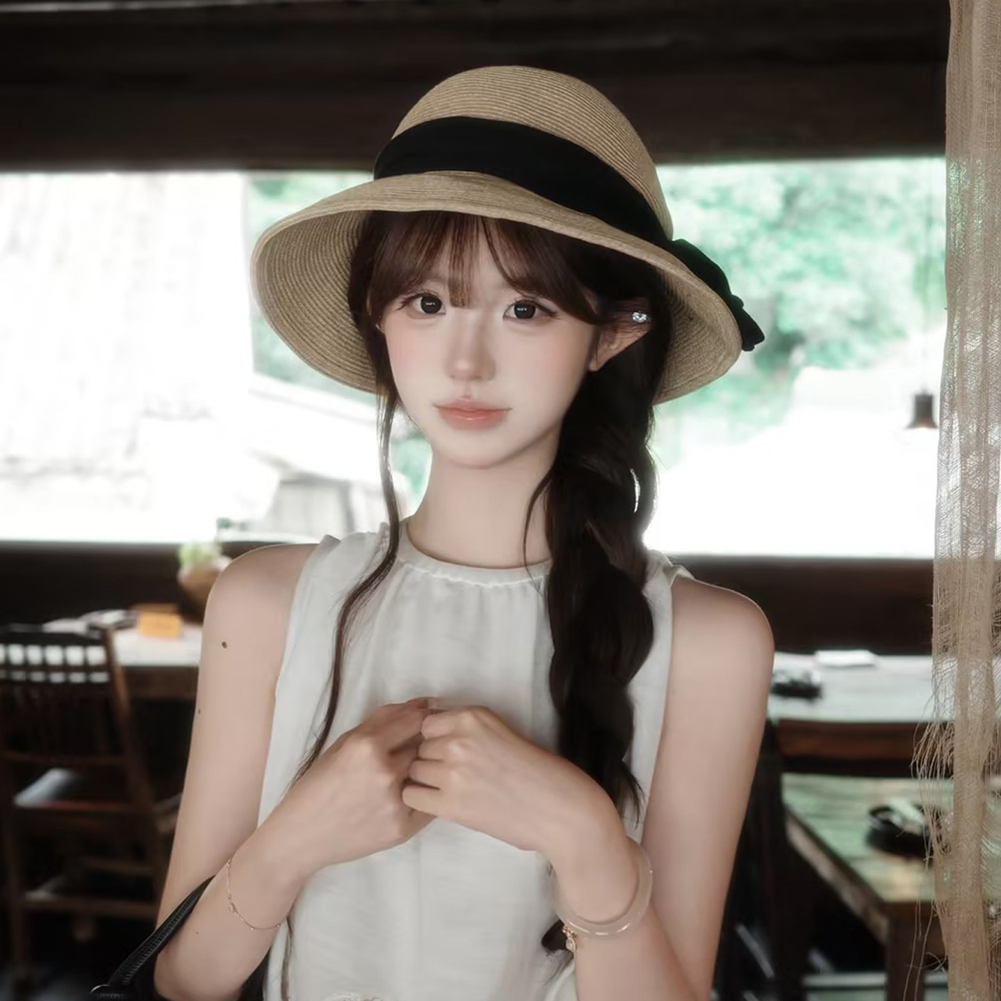 出口日本高品质褶皱蝴蝶结草编渔夫帽子女夏大帽檐可折叠遮阳草帽
