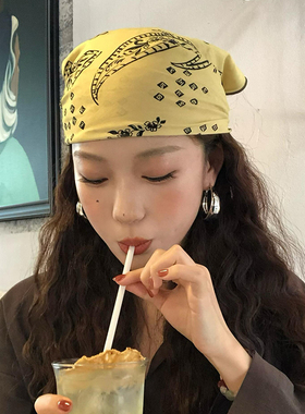 定制款！黄色印花头巾女2025新款y2k甜酷辣妹潮流方巾多功能丝巾