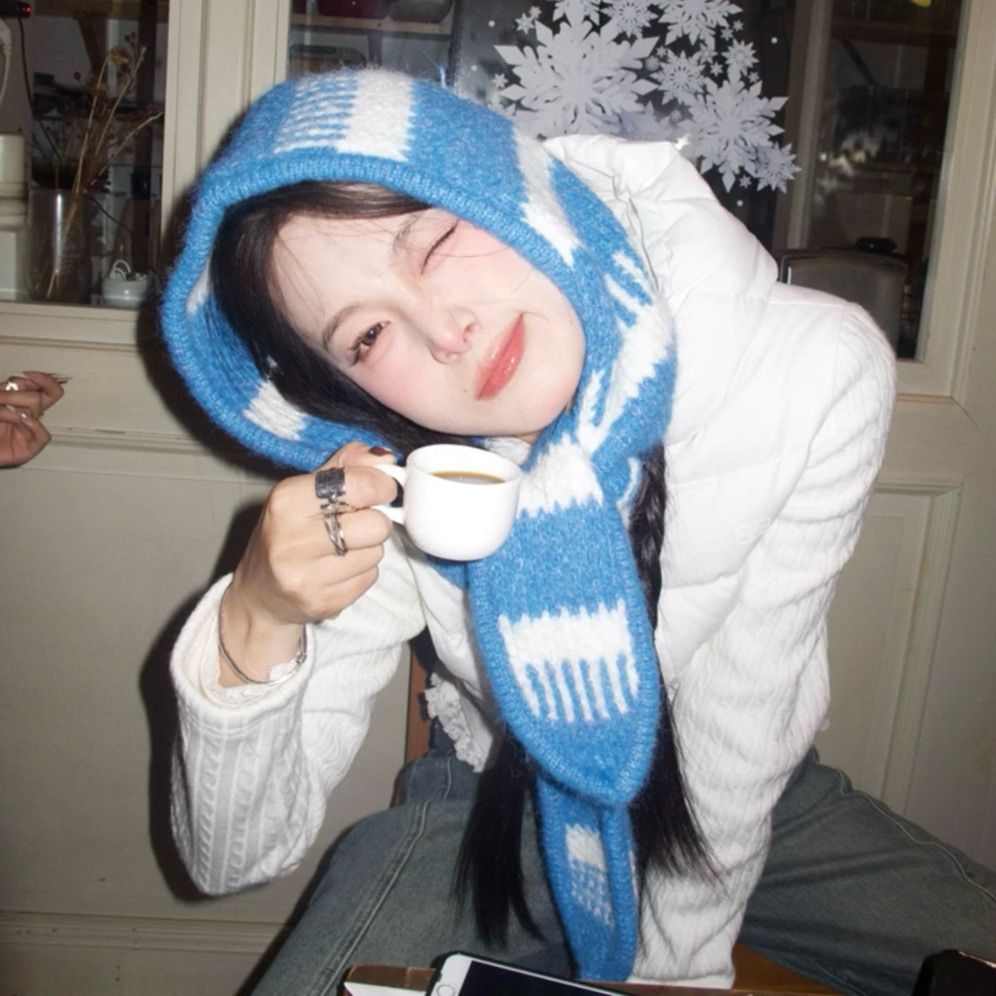 赵露思同款蓝色时髦条纹帽子围巾一体式冬季保暖百搭巴拉克拉法帽