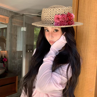 法式手工花朵编制平檐草帽女春夏季海边度假风防晒遮阳帽太阳帽子