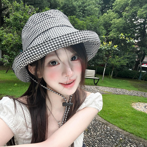 千鸟格防晒渔夫帽女夏季户外薄款大檐显脸小遮阳帽可折叠太阳帽子
