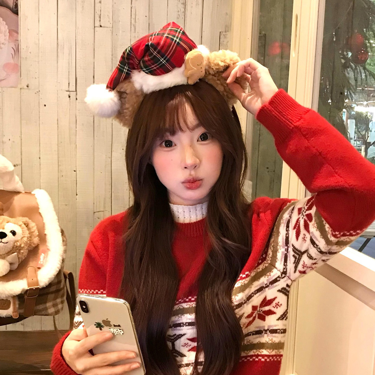 圣诞节可爱毛绒小熊圣诞帽子发箍女节日氛围感拍照道具头饰发饰