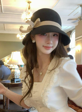 法式小香风黑色蝴蝶结草帽女夏季防晒遮阳渔夫帽子名媛风千金礼帽