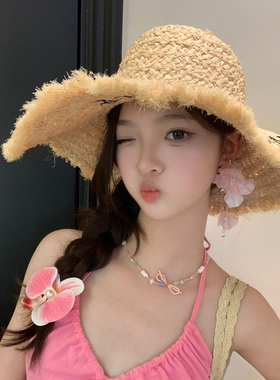 度假风拉菲草编织花朵草帽女夏季海边沙滩出游大帽檐防晒遮阳帽子