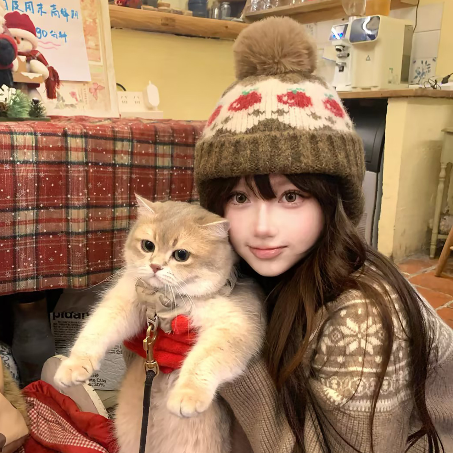 费尔岛风可爱樱桃毛球毛线帽子女2025新款秋冬保暖百搭护耳针织帽