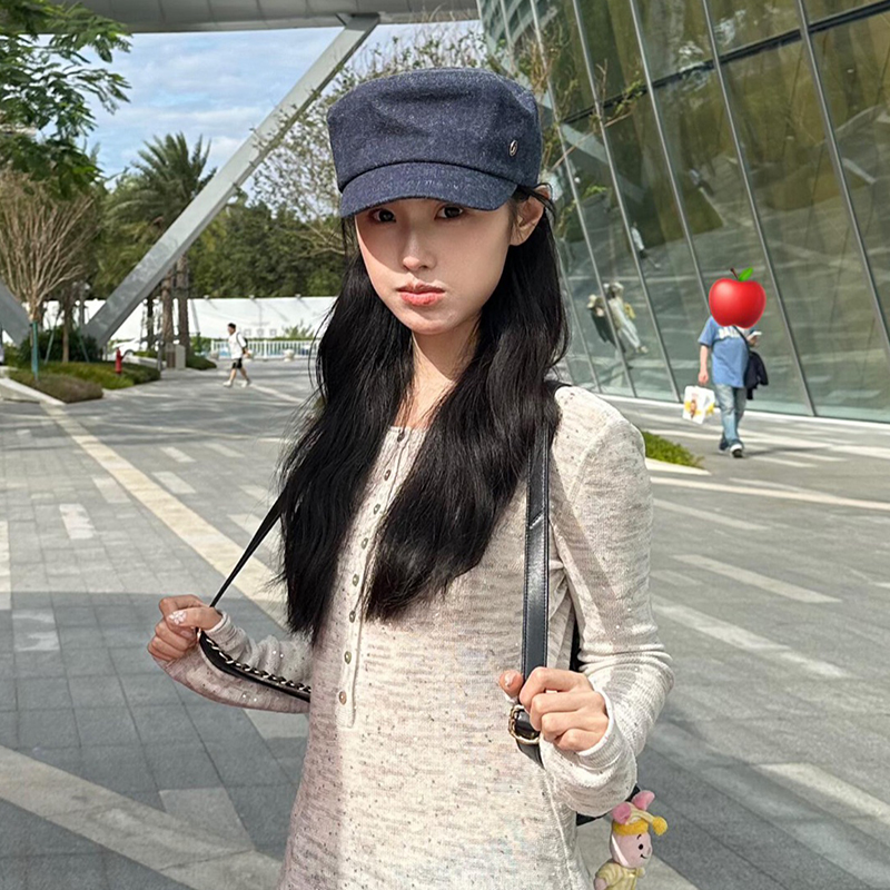 日系复古时尚老钱风深蓝牛仔平角帽女汉麻透气平顶弹力骑士报童帽