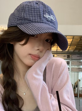 韩系ins蓝色格子字母棒球帽女春夏新款小众时尚软顶弯檐鸭舌帽字