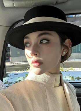 法式复古英伦风黑色毛呢帽子高级感气质赫本风名媛平顶礼帽盆帽女