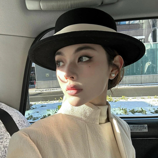 法式复古英伦风黑色毛呢帽子高级感气质赫本风名媛平顶礼帽盆帽女