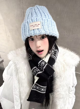 韩系氛围感蓝色针织毛线帽女冬季保暖加厚护耳显脸小百搭包头冷帽