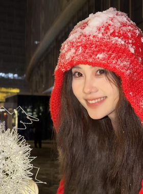 新年圣诞氛围感~红色针织巴拉克拉法帽女冬季保暖防寒护耳毛线帽