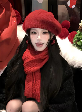 新年红色针织贝雷帽女秋冬季大头围保暖画家帽百搭显脸小报童帽子