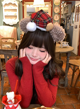 圣诞节氛围感可爱毛绒小熊圣诞帽发箍女红色蝴蝶结头箍头饰发饰品