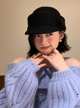 法式赫本风黑色毛呢礼帽女2秋冬季留洋千金气质百搭贝雷帽子盆帽