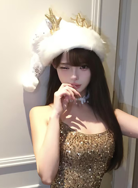 圣诞节氛围感白色雪花鹿角毛绒圣诞帽子节日穿搭装扮道具拍照头饰