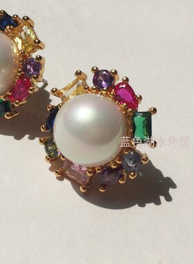 AS-SS-025 绝美 黄铜镀真金仿珍珠水晶!外贸出口美国轻奢原单耳钉