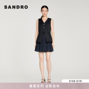 单排扣收腰无袖 SANDRO2026春季 法式 女装 马甲拼接百褶连衣裙 新款