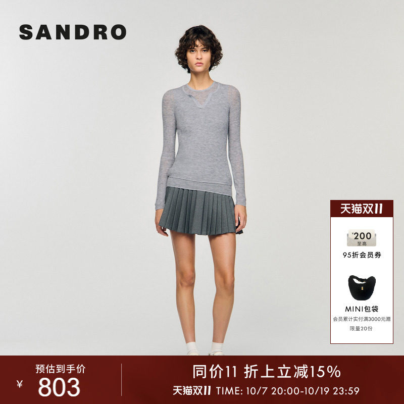 SANDRO女装法式时尚休闲绵羊毛灰色假两件圆领套头修身套头针织衫