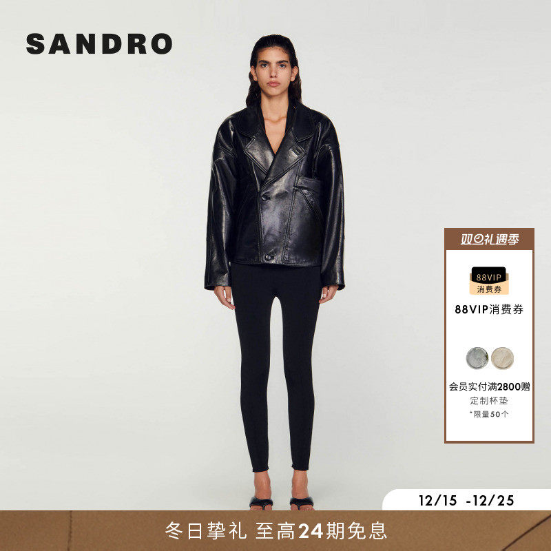 SANDRO秋冬款女装法式复古时尚黑色大翻领落肩廓形机车风皮衣外套