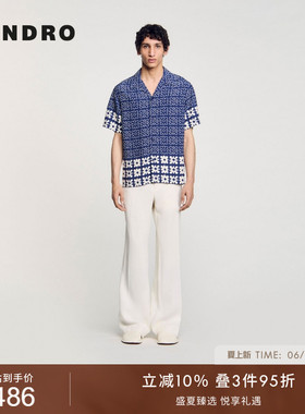 SANDRO夏季男装法式时尚气质简约灰蓝色经典翻领白色印花宽松衬衫