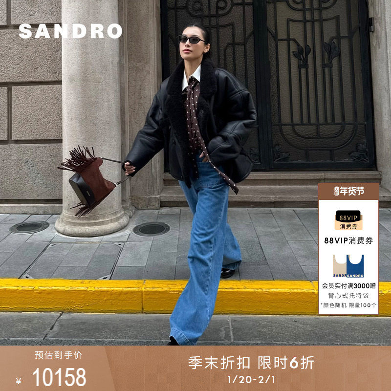 季末6折SANDRO2025秋季新款女装黑色羊皮革落肩拼接毛领皮外套,女装/女士精品,皮衣,淘宝优惠券,粉丝福利购,淘宝优惠卷