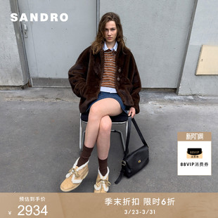 优雅简约平驳领毛绒人造皮草外套 女装 季 末6折SANDRO2025秋冬新款