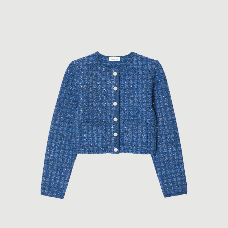 【七七酱直播间】SANDRO女装法式蓝色亮片圆领短款针织花呢外套