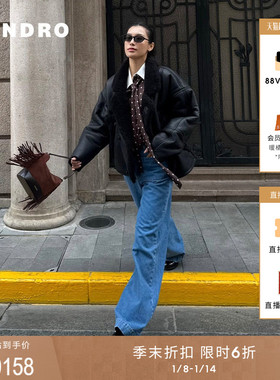 季末6折SANDRO2025秋季新款女装黑色羊皮革落肩拼接毛领皮外套