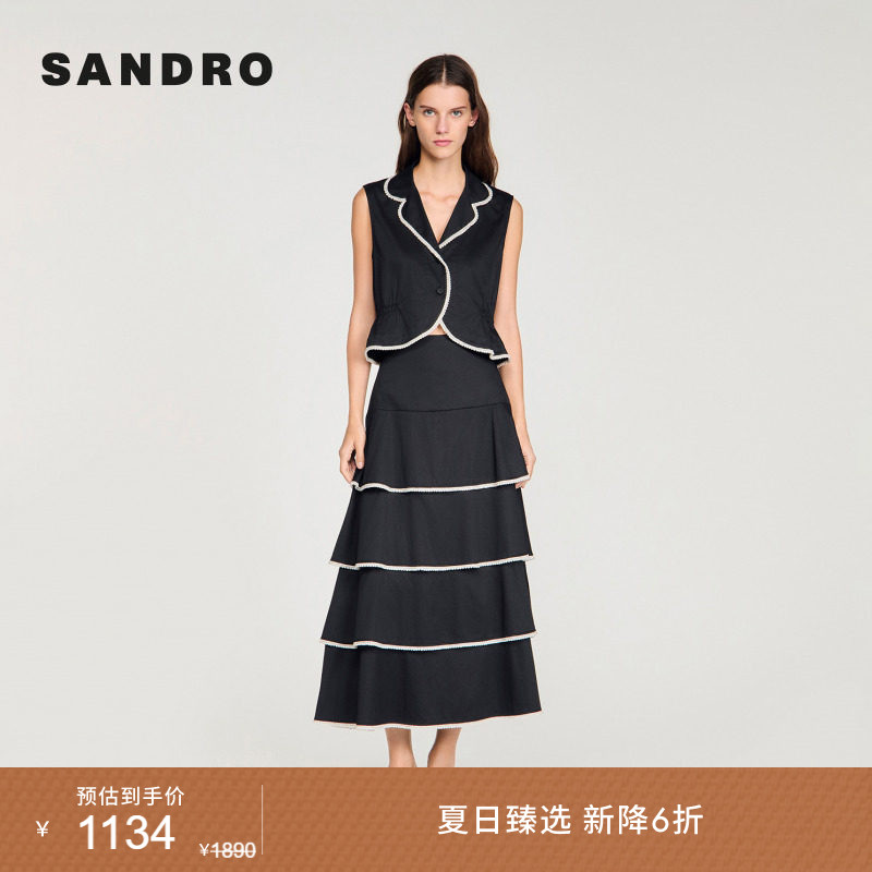 新品首降丨SANDRO2026夏季新款女装法式棉质修身收腰短款花边马甲