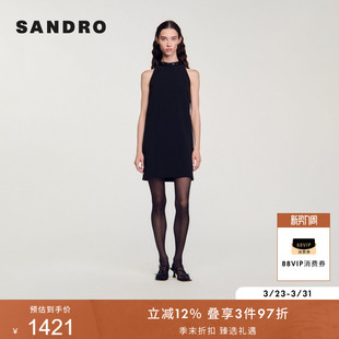 简约黑色仿钻领口挂脖无袖 气质时尚 直筒连衣裙 法式 SANDRO秋冬女装