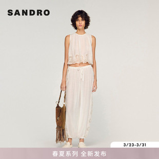 白色无袖 SANDRO2026春季 法式 女装 蕾丝镂空纹理花边下摆背心 新款