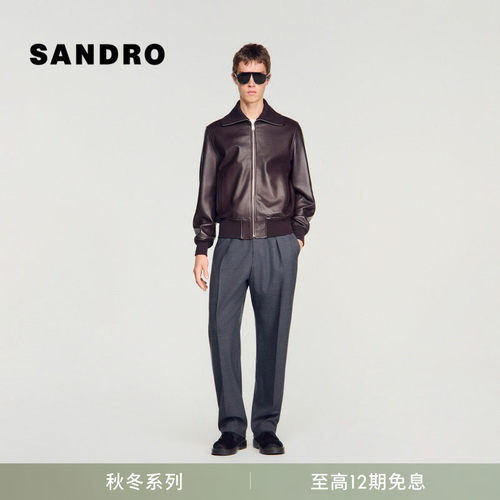 SANDRO翻领羊皮革短款夹克外套
