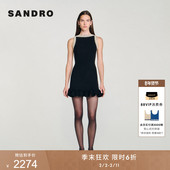 女装 季 末6折SANDRO2025秋冬新款 黑色仿珠饰荷叶边下摆针织连衣裙