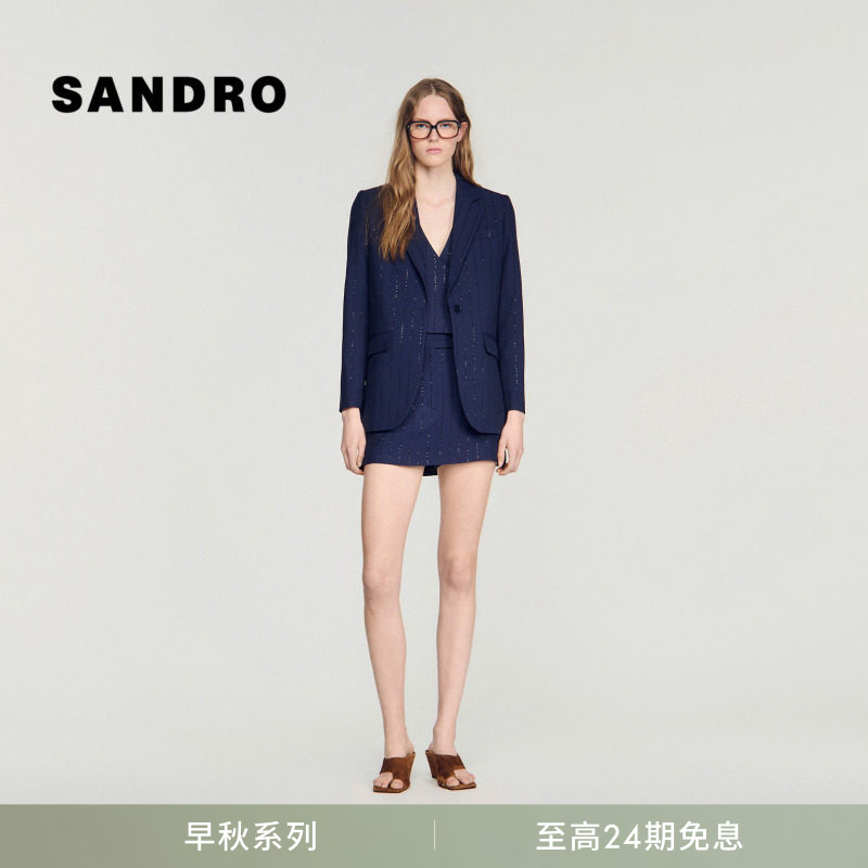 SANDRO2026早秋新款女装法式时尚细闪竖条纹平驳领单排扣西装外套