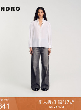 季末7折SANDRO秋冬女装经典款优雅白色木耳边V领长袖桑蚕丝衬衫