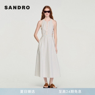 SANDRO2026夏季新款女装法式时尚棉质蕾丝拼接A字收腰无袖连衣裙