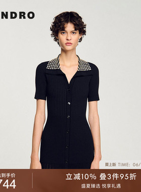 SANDRO夏季女装法式优雅黑色仿珠饰大翻领竖排扣短袖针织连衣裙