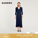 SANDRO2025秋冬女装 气质优雅深蓝色V领双排扣荷叶边针织连衣裙