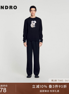 SANDRO男装男女同款法式休闲棉质黑色圆领直筒时尚考拉图案卫衣