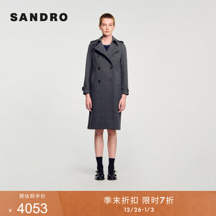 迪木尔风仿钻格纹翻领双排扣风衣 女装 季 末7折SANDRO2025秋冬新款