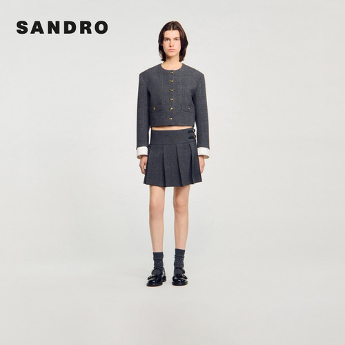 SANDRO女装法式格纹仿钻百褶裙