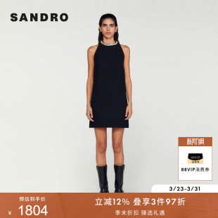 直筒短款 优雅气质黑色仿钻圆领无袖 花呢连衣裙 法式 SANDRO秋冬女装