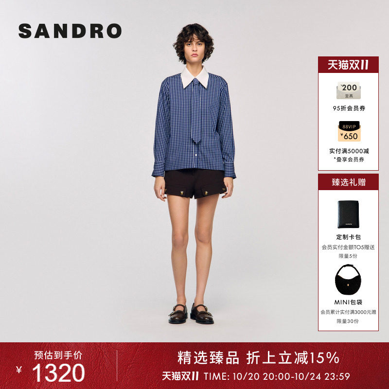 线上专享SANDRO女装摩登通勤棉混纺格纹可拆卸领带翻领长袖衬衫
