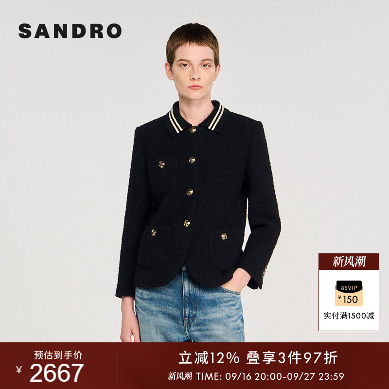 SANDRO针织条纹领黑色花呢外套图片