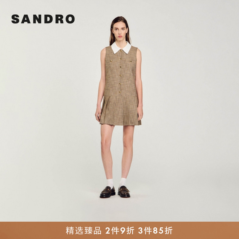 SANDRO棕色格纹拆卸领无袖连衣裙