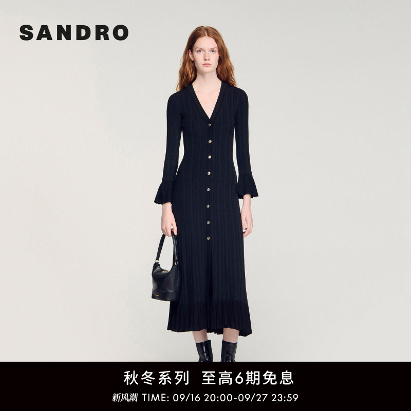 SANDRO喇叭袖蕾丝收边针织连衣裙图片