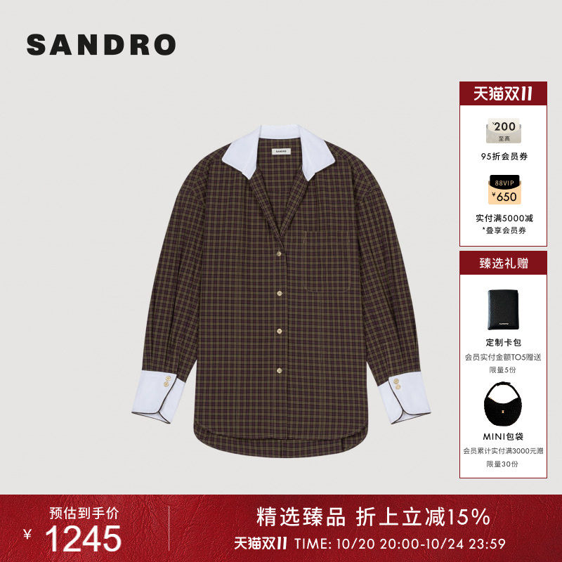 线上专享SANDRO女装法式时尚棉质翻领撞色拼接落肩袖细格纹衬衫