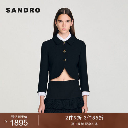SANDRO女装法式时尚简约黑色金扣翻领V型弧形下摆七分袖短款外套